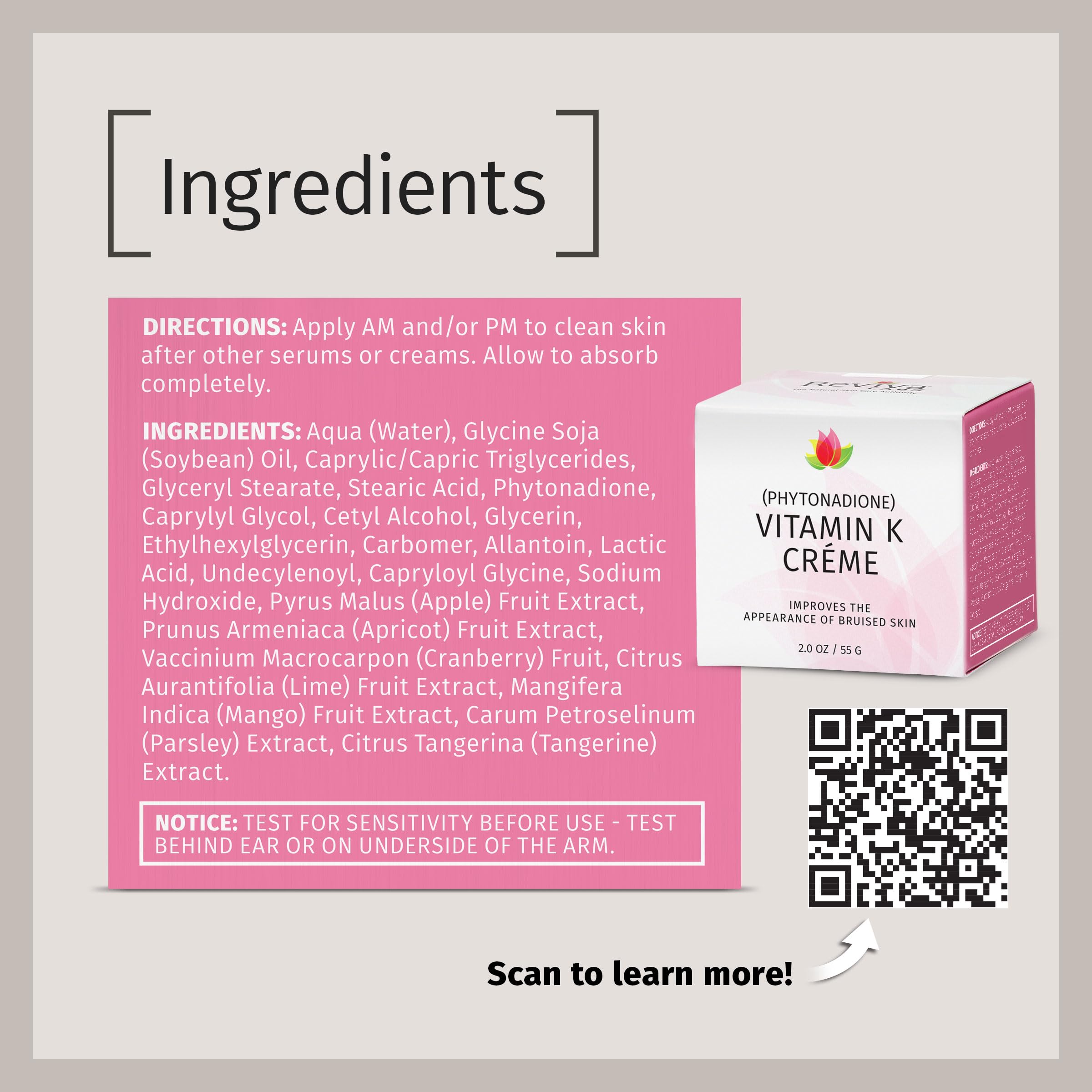 Reviva Labs Vitamina K crema uso mañana y noche facilita la rutina.