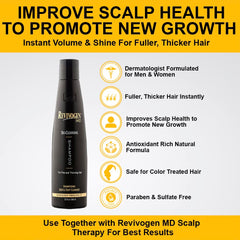 Revivogen MD Bio-Cleansing Shampoo enfoque en cuero cabelludo saludable y menos irritación.