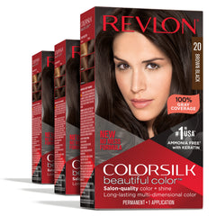 REVLON Colorsilk: botella de coloración para cobertura total de canas con acabado natural.