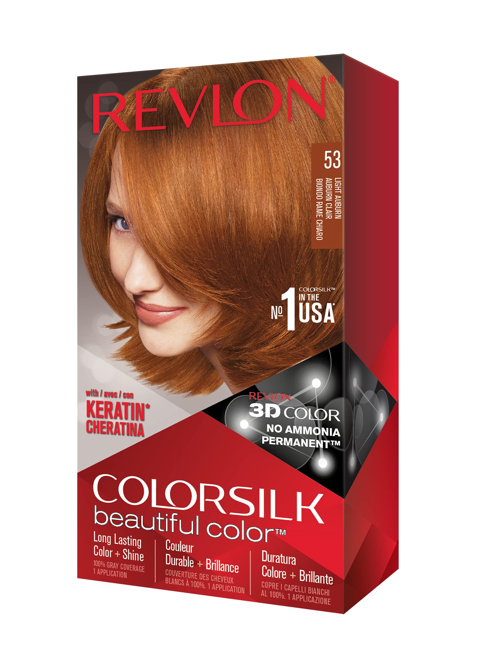 Caja de Colorsilk de Revlon para coloración permanente y cobertura uniforme.