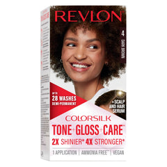 REVLON ColorSilk Tono + Brillo + Cuidado en caja para brillo inmediato.