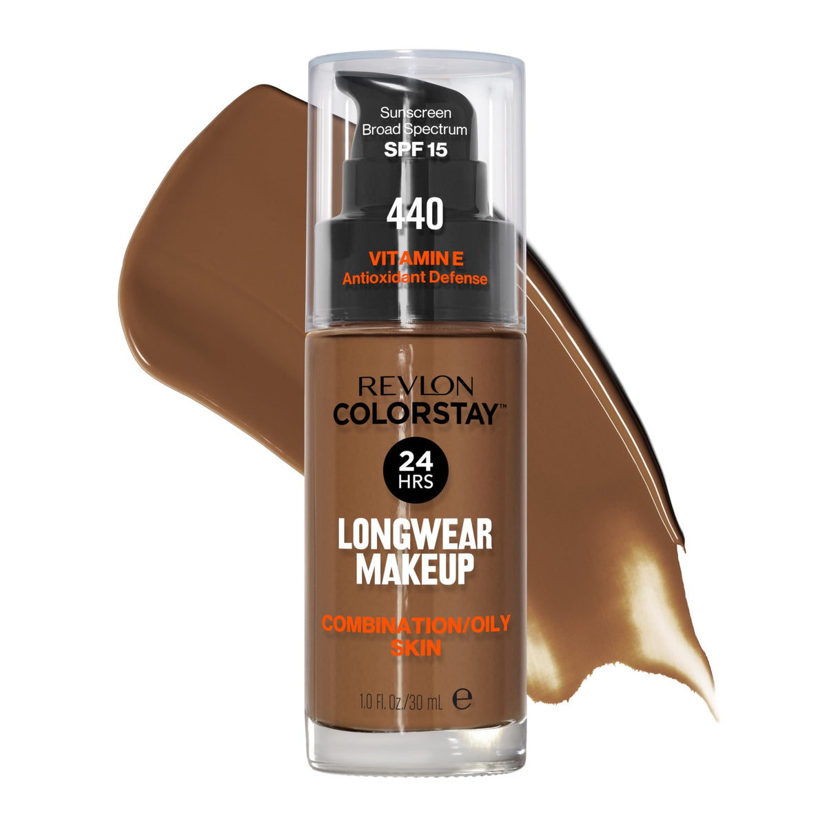 REVLON ColorStay fundación para piel mixta/grasa 440 Mahogany, bote, controla brillo todo el día.