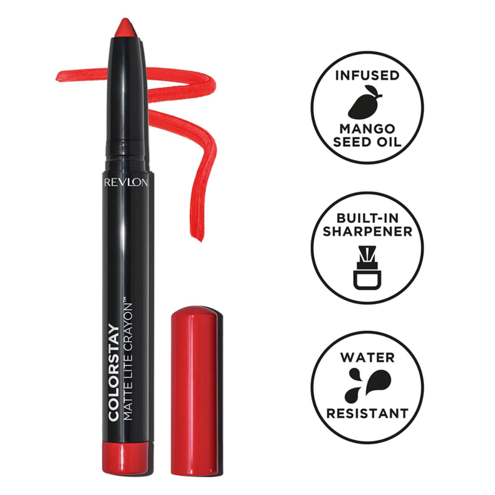 REVLON ColorStay Matte Lite Crayon Lipstick, empaque compacto con sacapuntas para retoques.