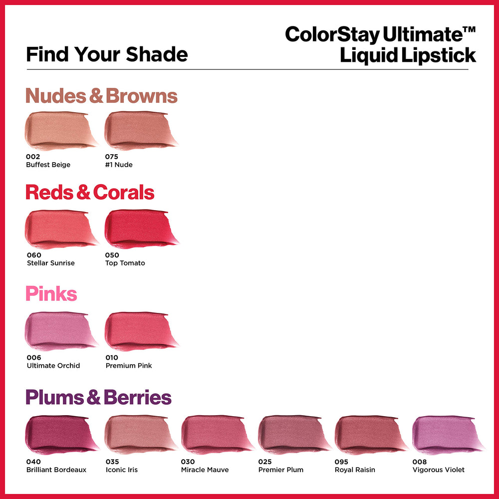 Revlon ColorStay Ultimate Liquid Lipstick tono Ultimate Orchid, púrpura intenso.