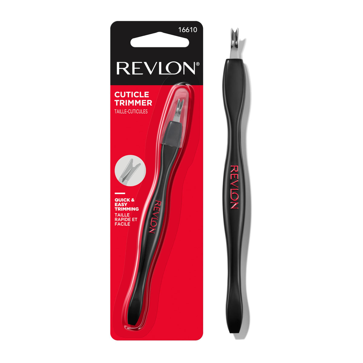 Cortacutículas REVLON con punta en V precisa y tapa para viaje seguro.