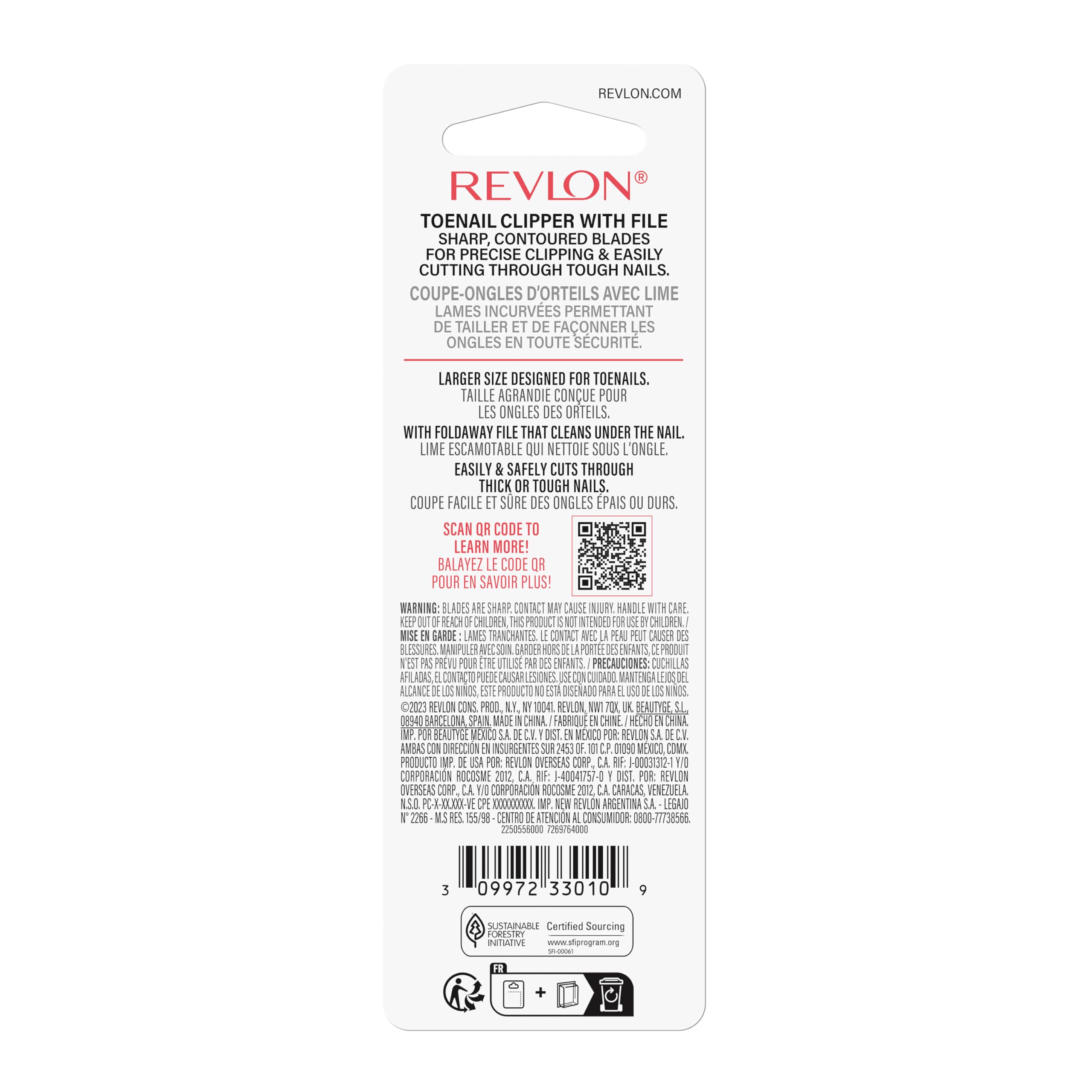Cortaúñas REVLON de uso ambidestro para mayor versatilidad.
