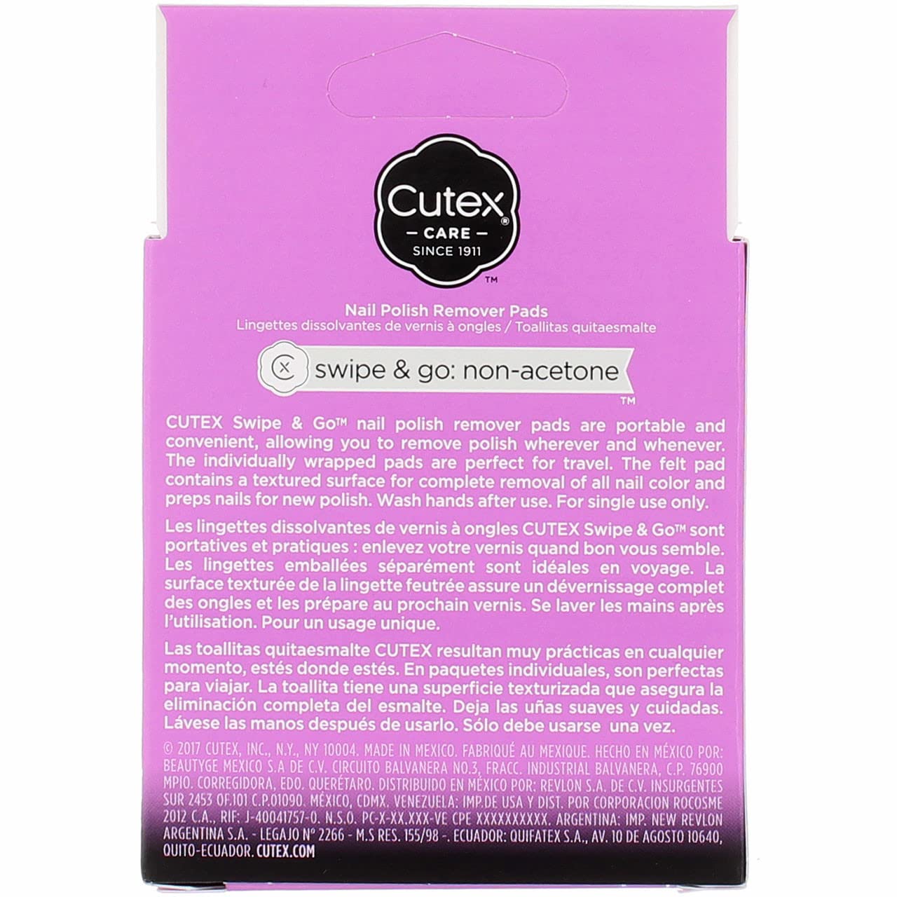 REVLON Cutex Care Swipe Go, quita esmalte sin acetona con fragancia de coco.