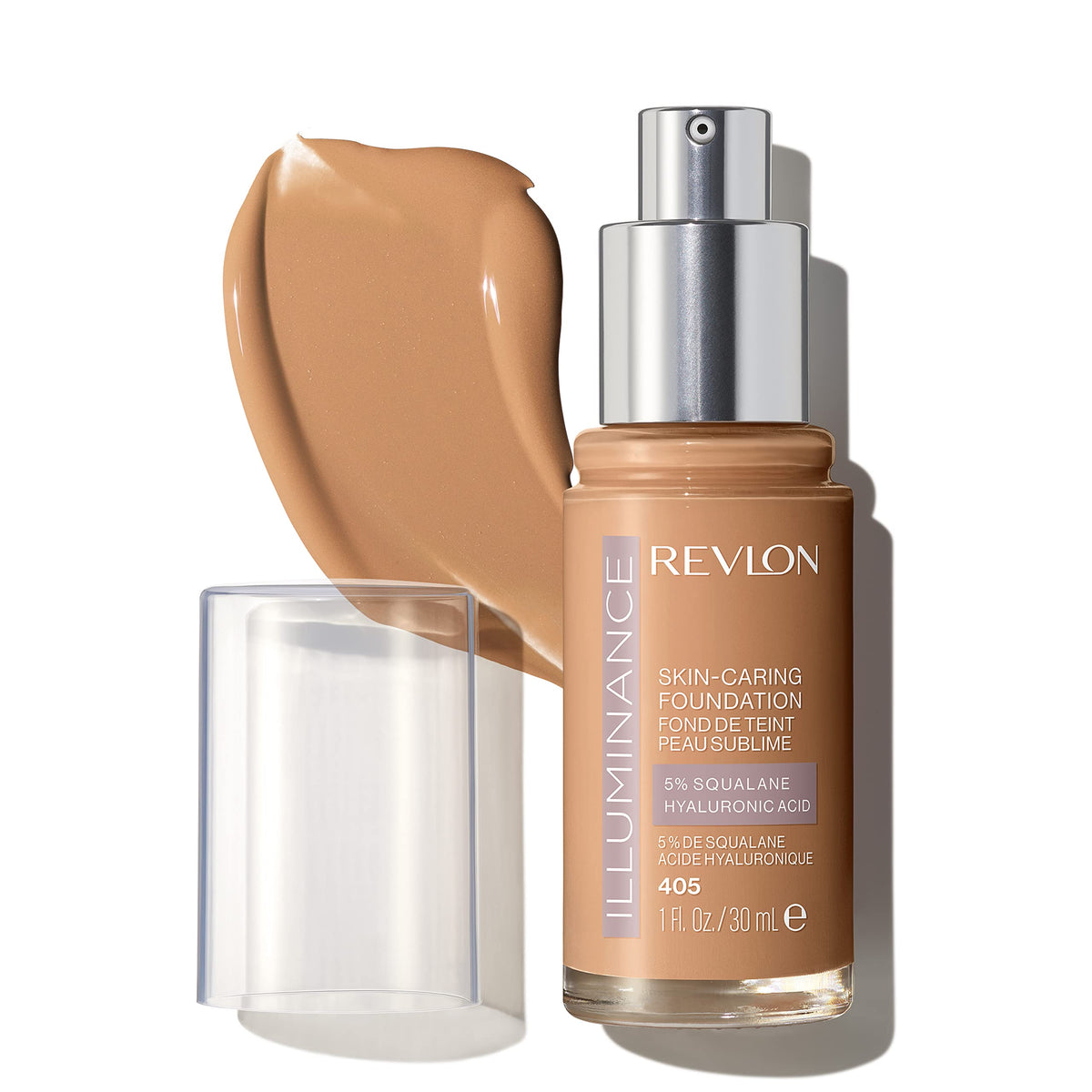 Revlon Illuminance, botella en primer plano, hidratación suave para la piel.