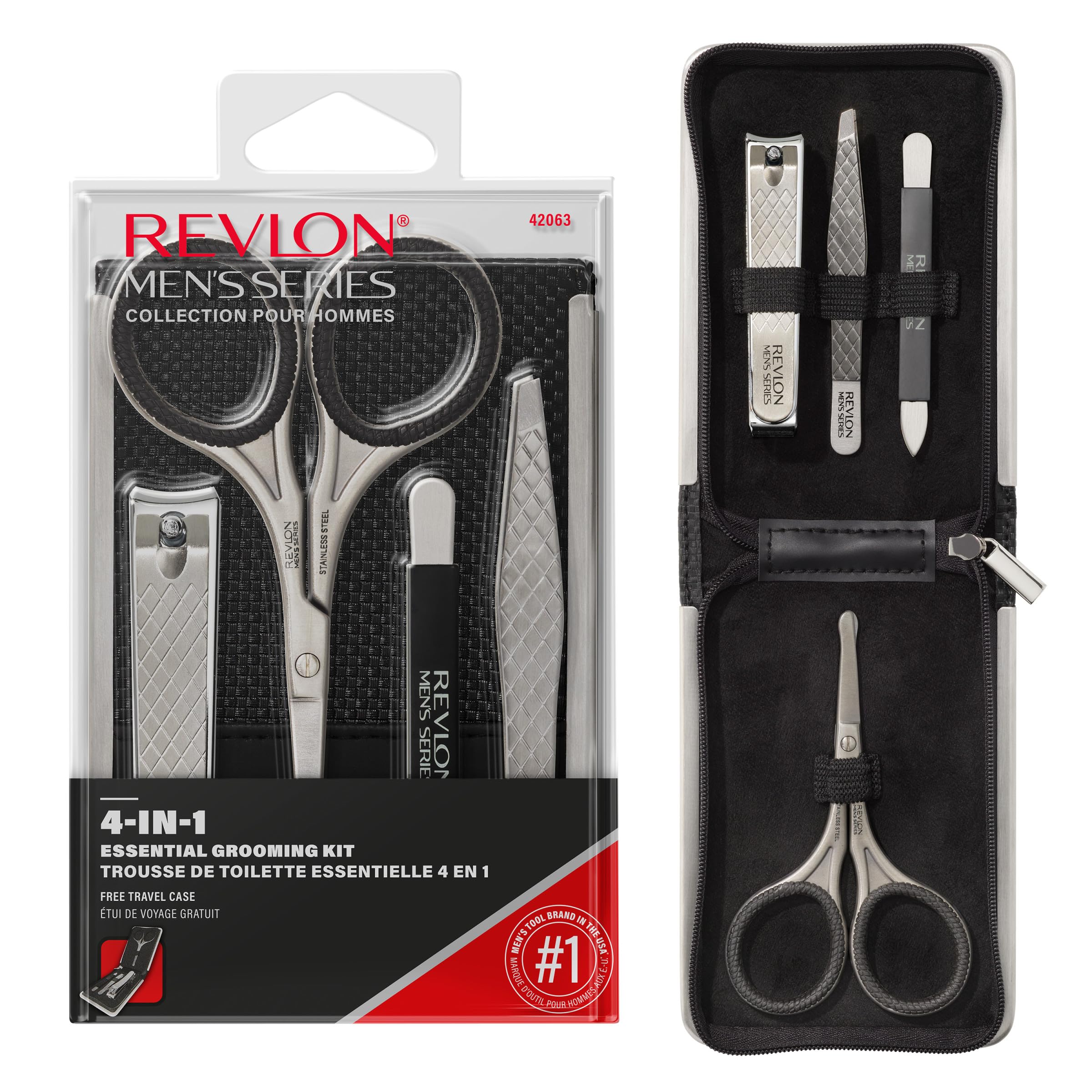 REVLON kit de cuidado para hombre en estuche de cuero vegano, listo para viajar.