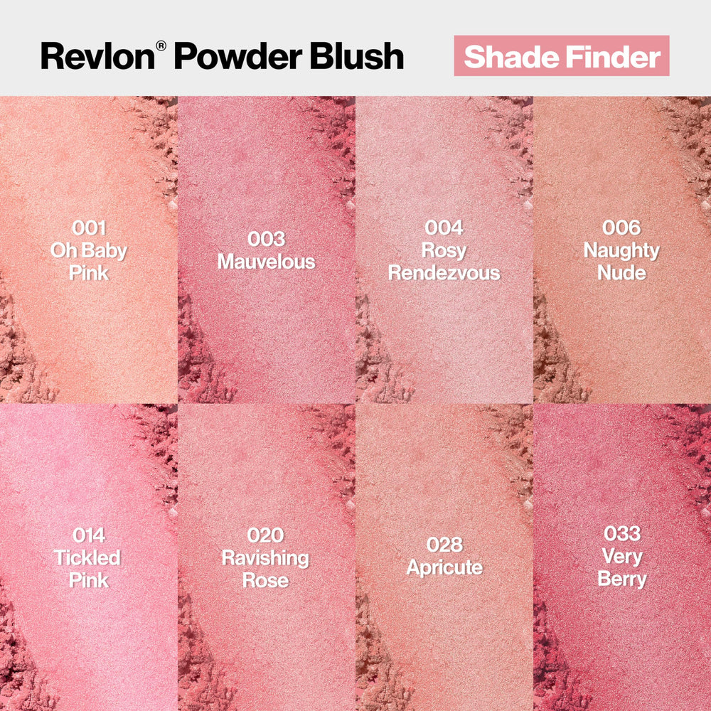 Revlon Powder Blush Very Berry, acabado satinado para brillo sutil.