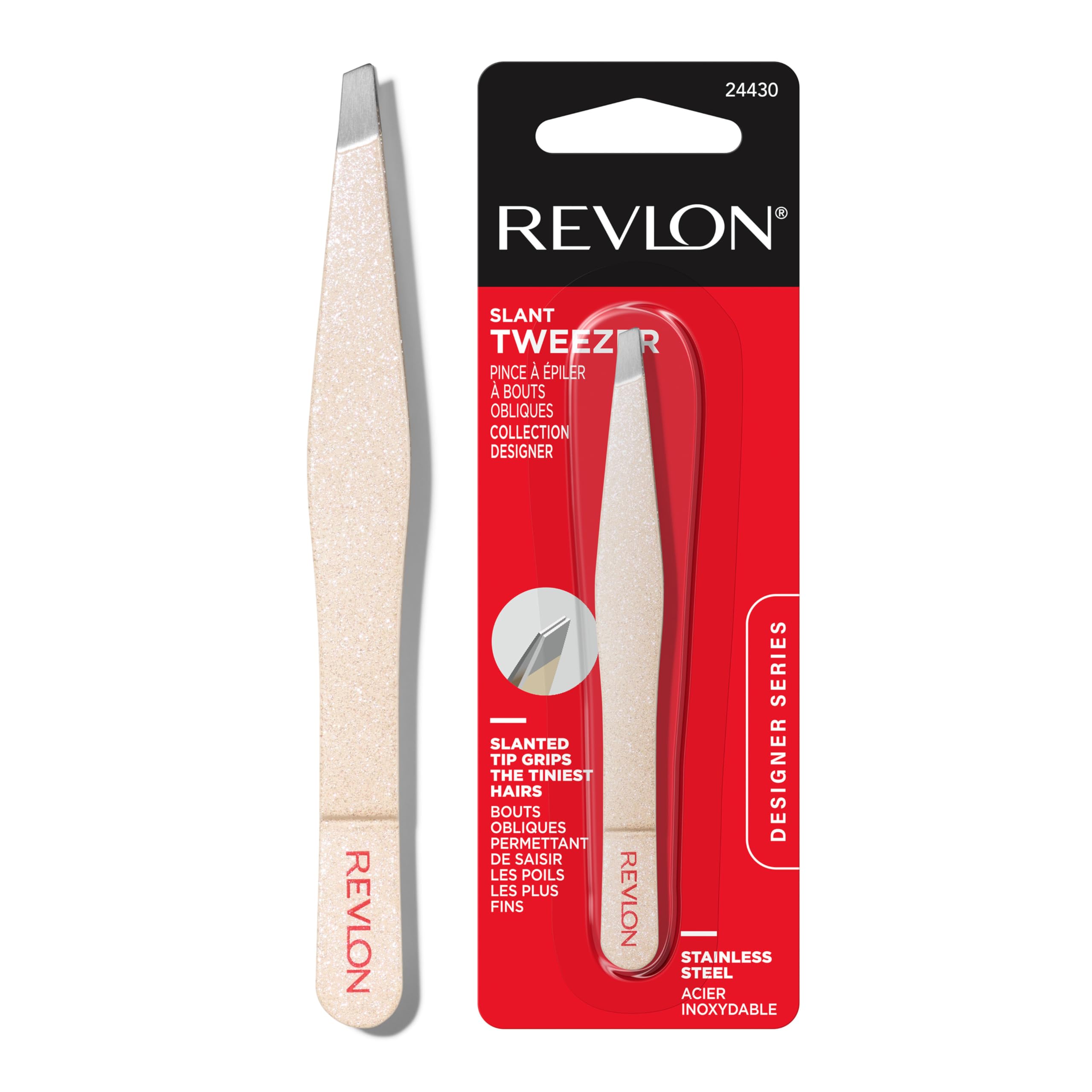 Pinza Revlon Serie Designer con punta inclinada para depilación precisa en áreas reducidas.