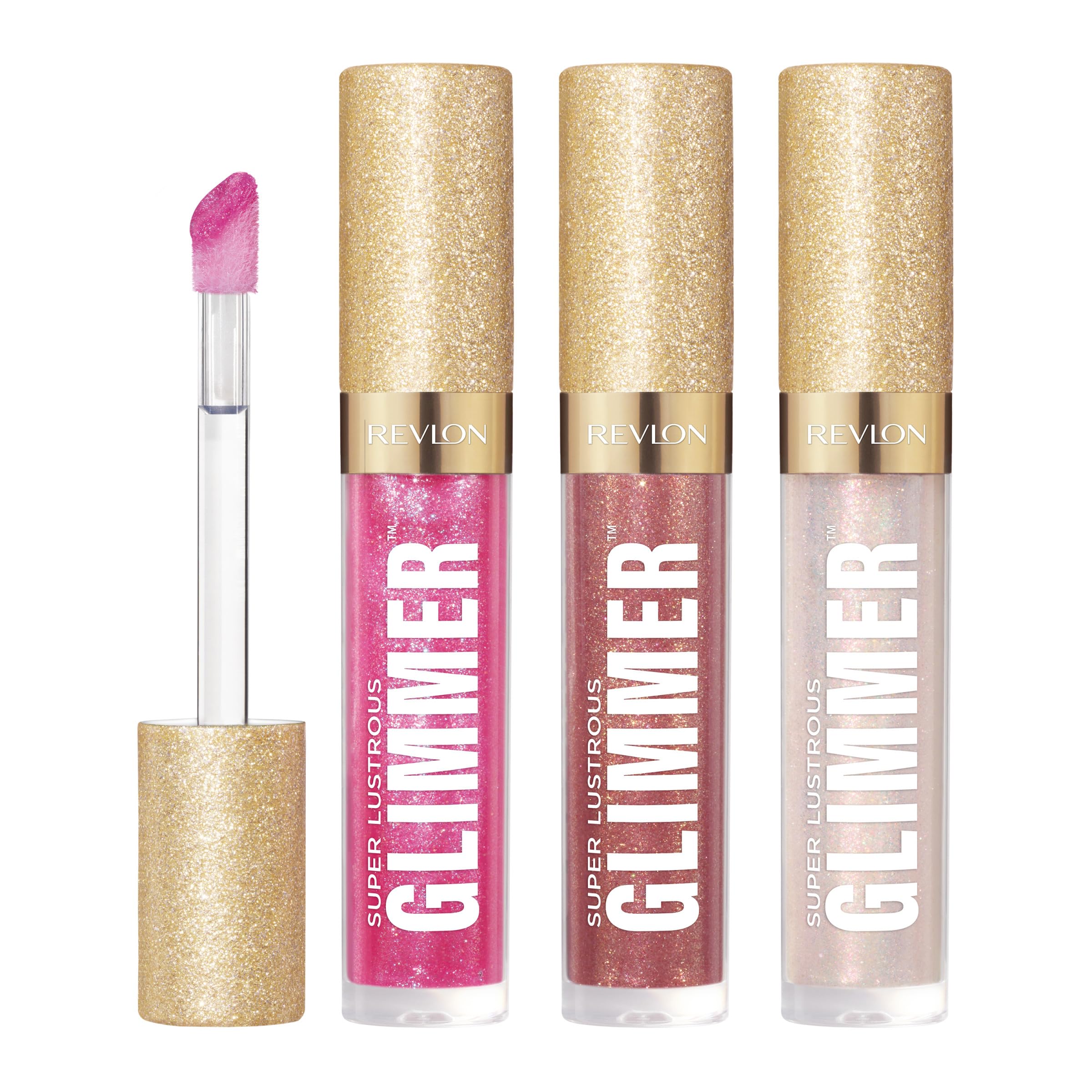 Revlon Super Lustrous Glimmer Gloss Gift Set Rose Glow swatch on lips showing bright fuchsia shine