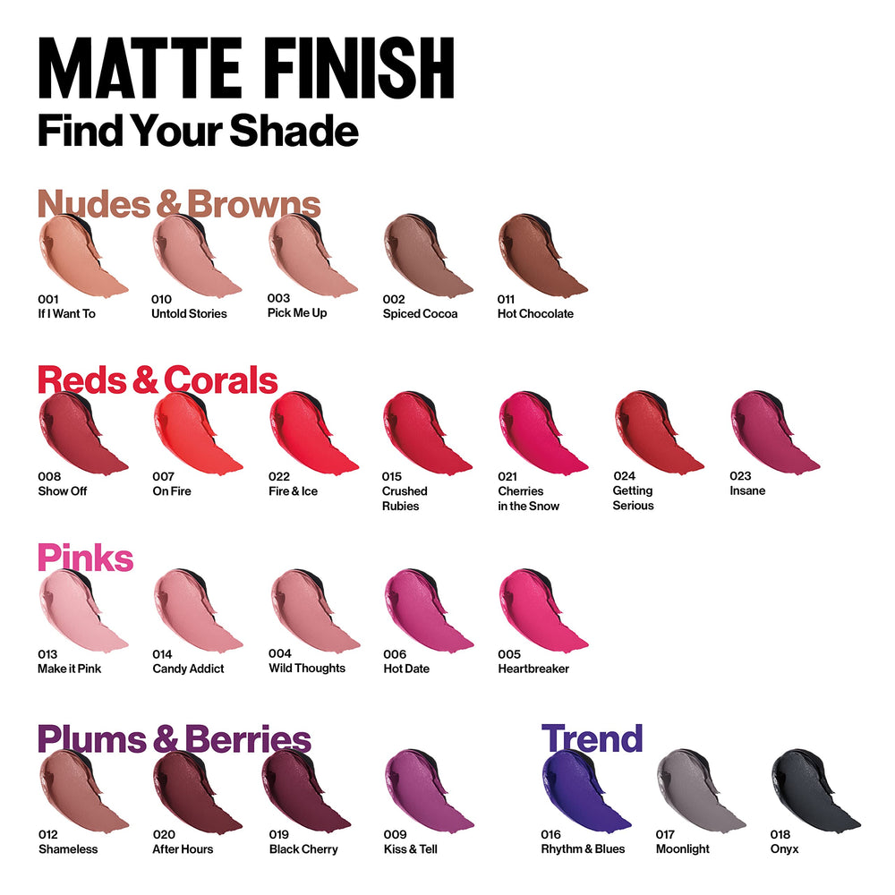 GAMA de 24 tonos mate de REVLON para nude, rosa, rojo y ciruela