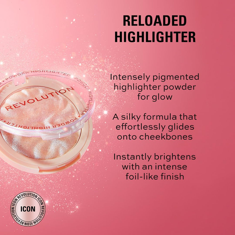 Revolution Reloaded Highlighter acabado metalizado para pómulos con brillo.