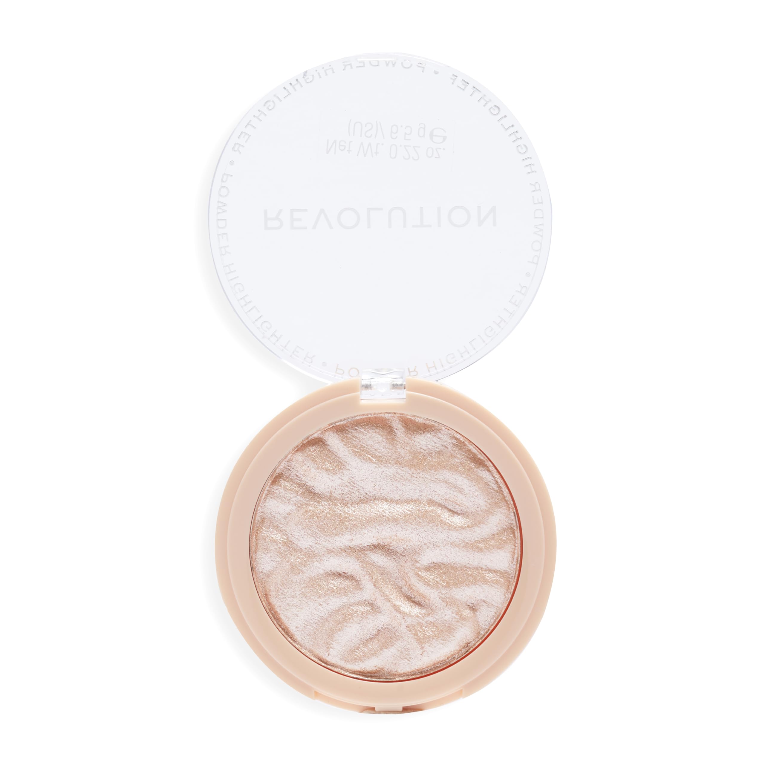 Revolution Reloaded Highlighter polvos dorados en pómulos para brillo intenso.