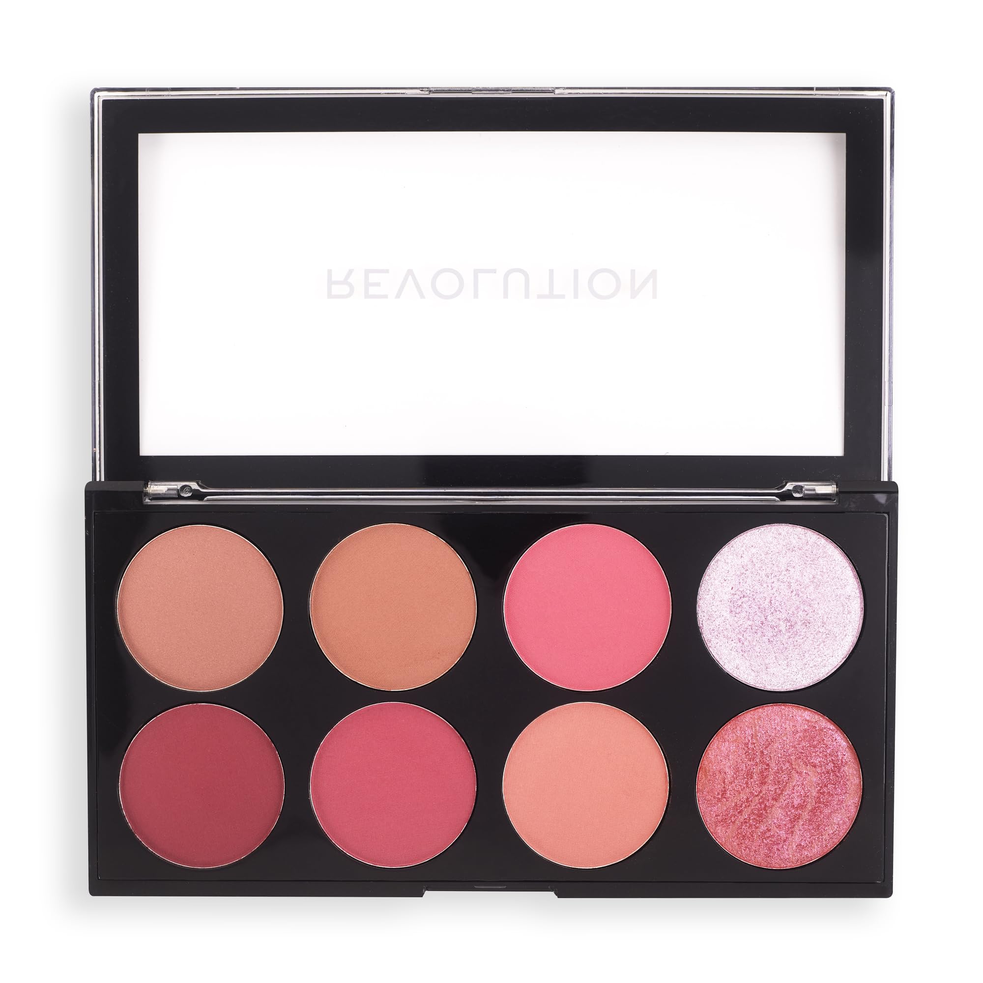 Revolution Ultra Blush: paleta de ocho tonos pigmentados para un rubor versátil.