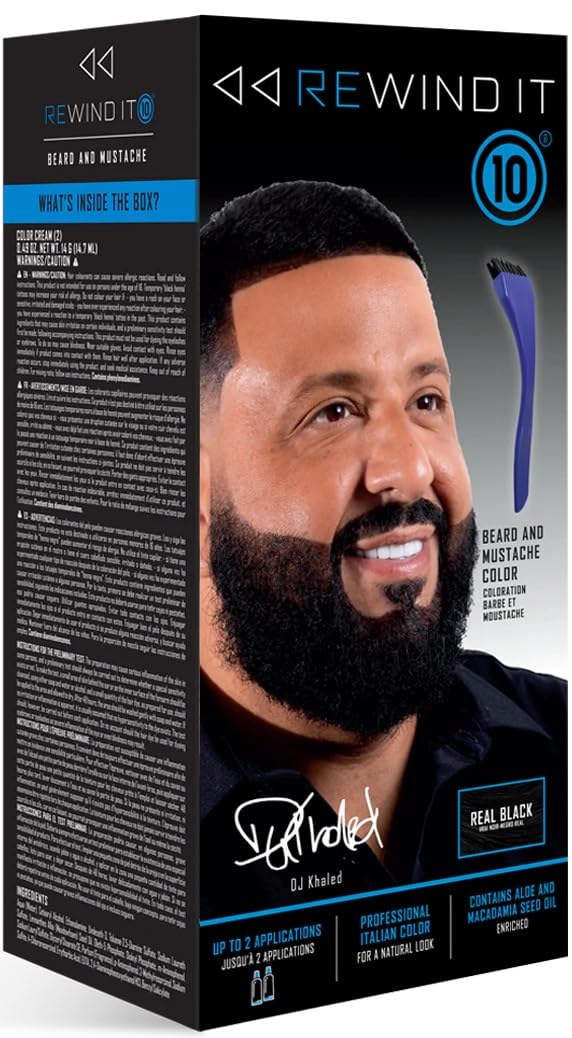REWIND IT 10 Color Real Negro para barba y bigote, aplicación precisa para resultados uniformes.