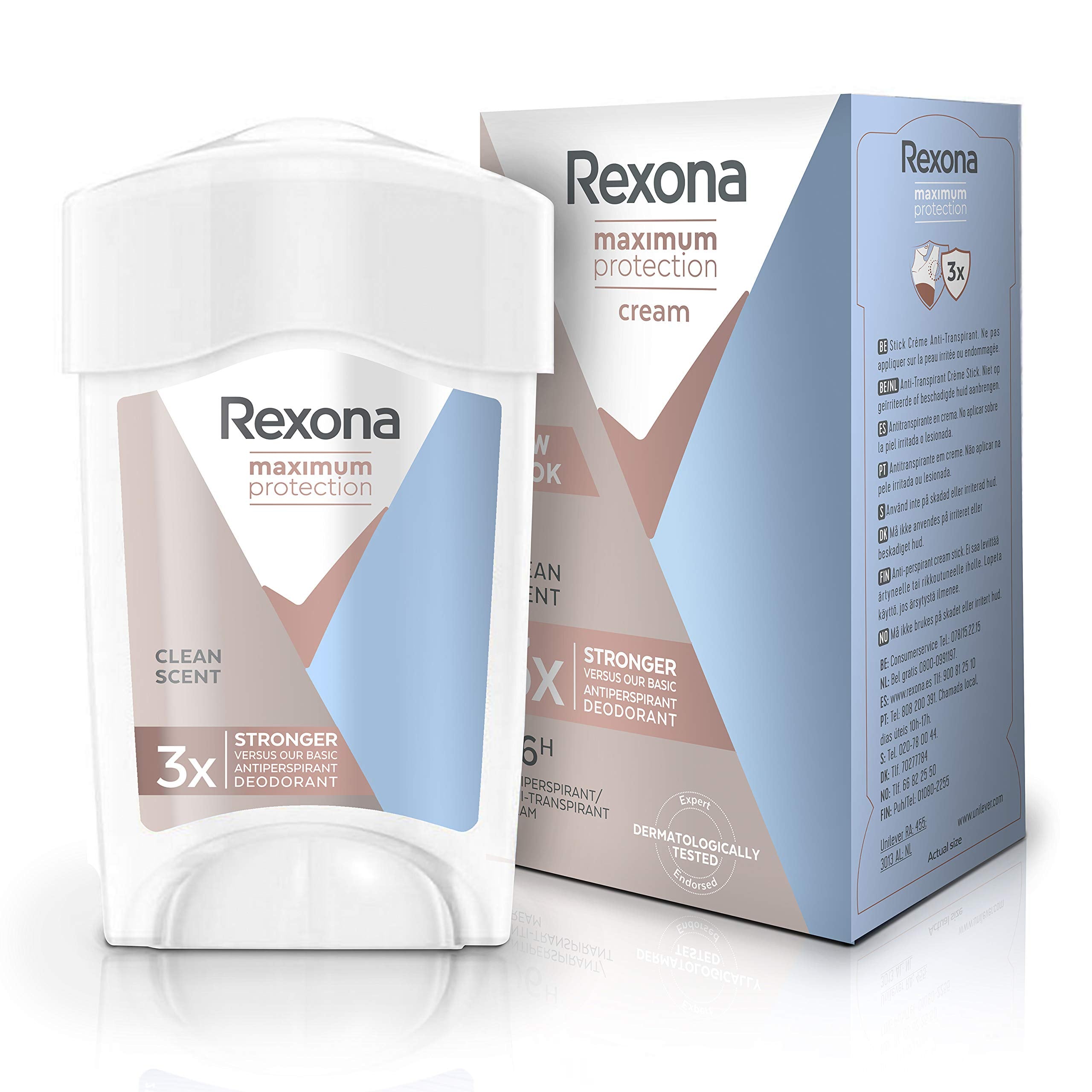 Rexona Protección Máxima crema antitranspirante sensible seco 45 ml: textura suave para uso diario.