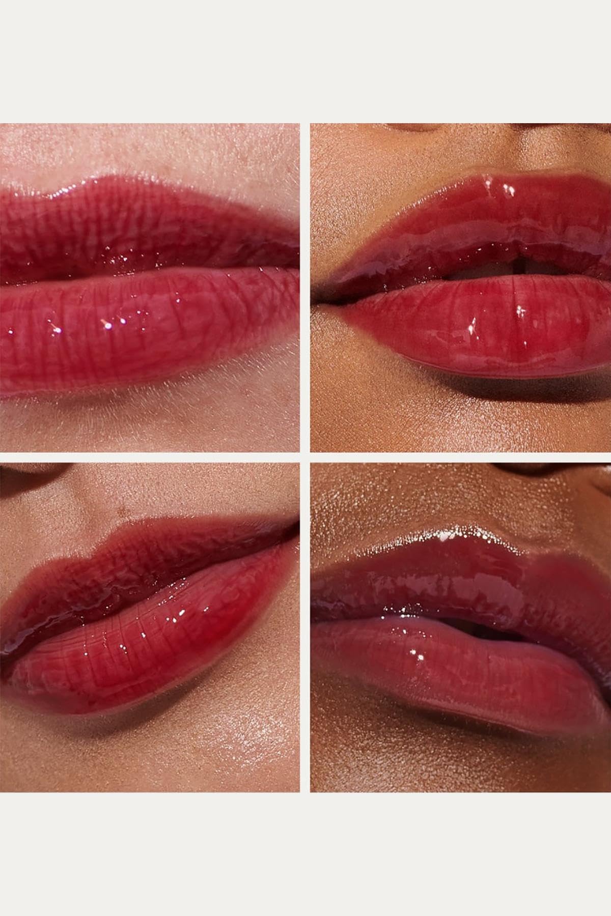 Acabado brillante de Rhode con tinte labial, apariencia jugosa sin sensacion grasa.