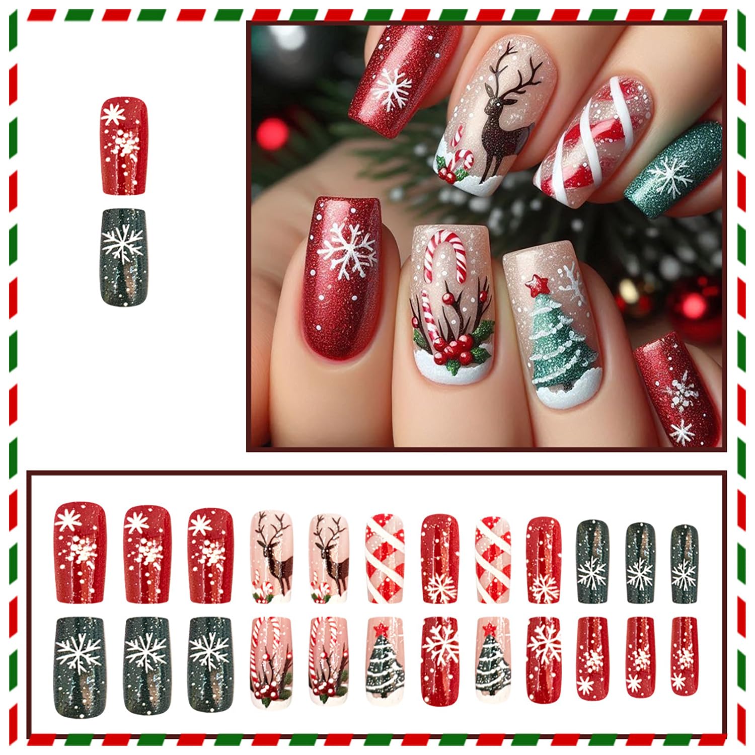 Uñas Rhspayh con diseño de árbol navideño para fiestas.