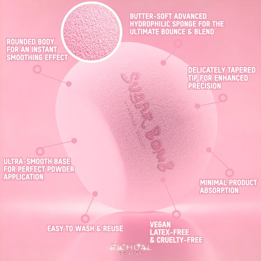 Richual Beauty Sugar Bomb Blender empaque compacto para almacenamiento.