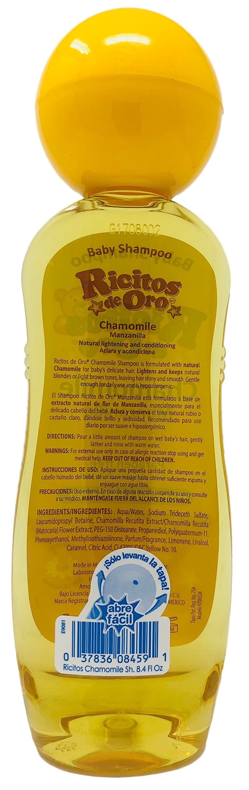 Ricitos de Oro Champú de Manzanilla para Bebés, etiqueta clara y fórmula suave para piel sensible.