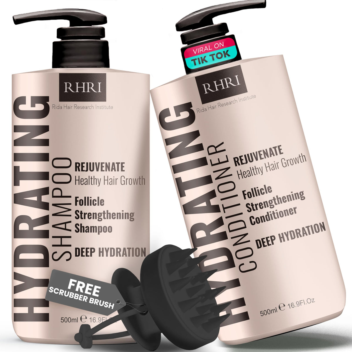Champú hidratante de Rida en empaque doble para cabello seco y dañado, fácil de usar.