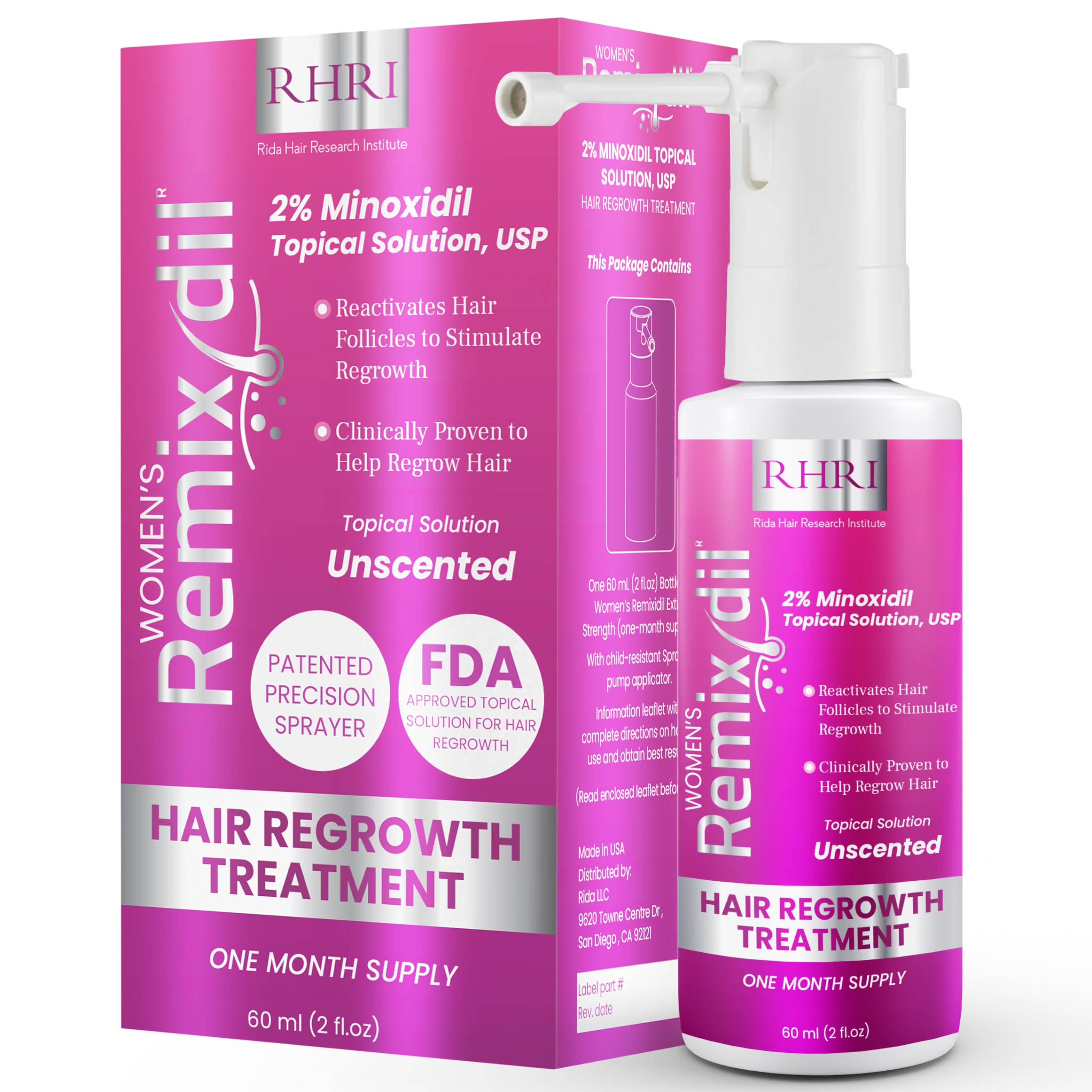 Rida Hair 2% Minoxidil women spray bottle for thinning hair support.