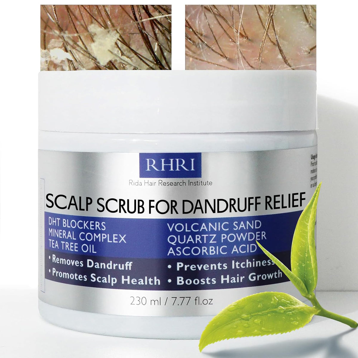 Rida Hair Research Institute exfoliante anticaspa – botella en primer plano para uso diario.