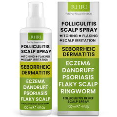 Rida Hair Folliculitis Spray bottle in focus for targeted scalp relief.