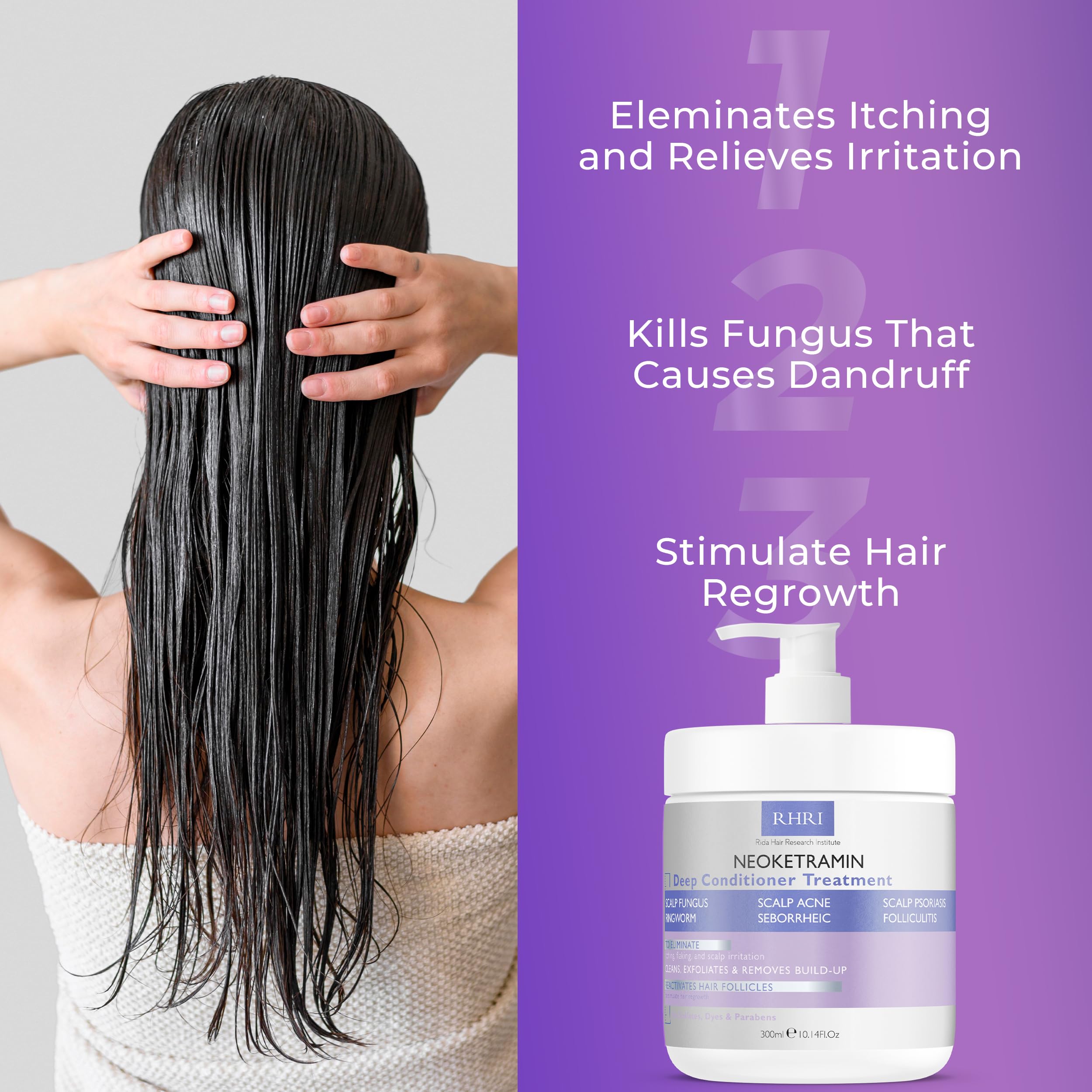 Rida Hair Research Institute routine with anti fungal conditioner for scalp health.