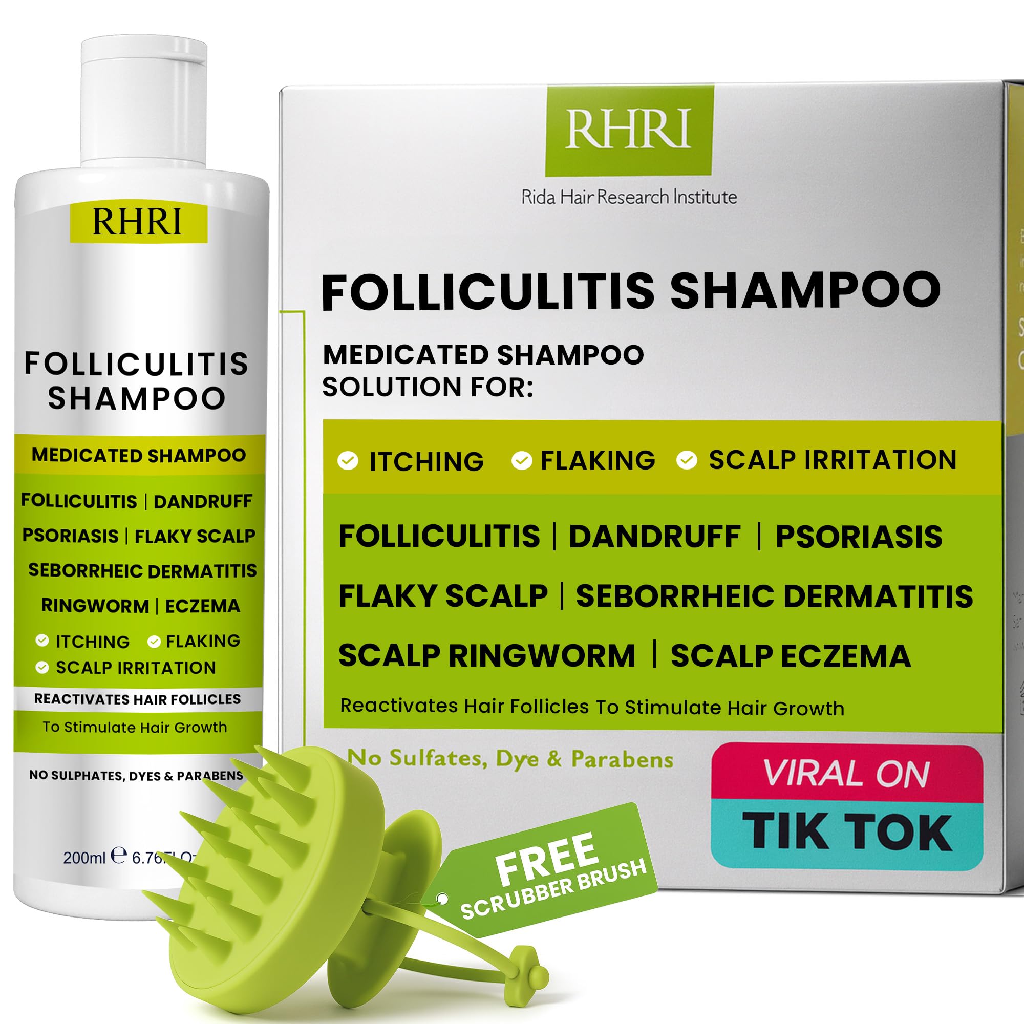 Rida Hair Foliculitis Shampoo en botella, limpieza profunda para el cuero cabelludo.