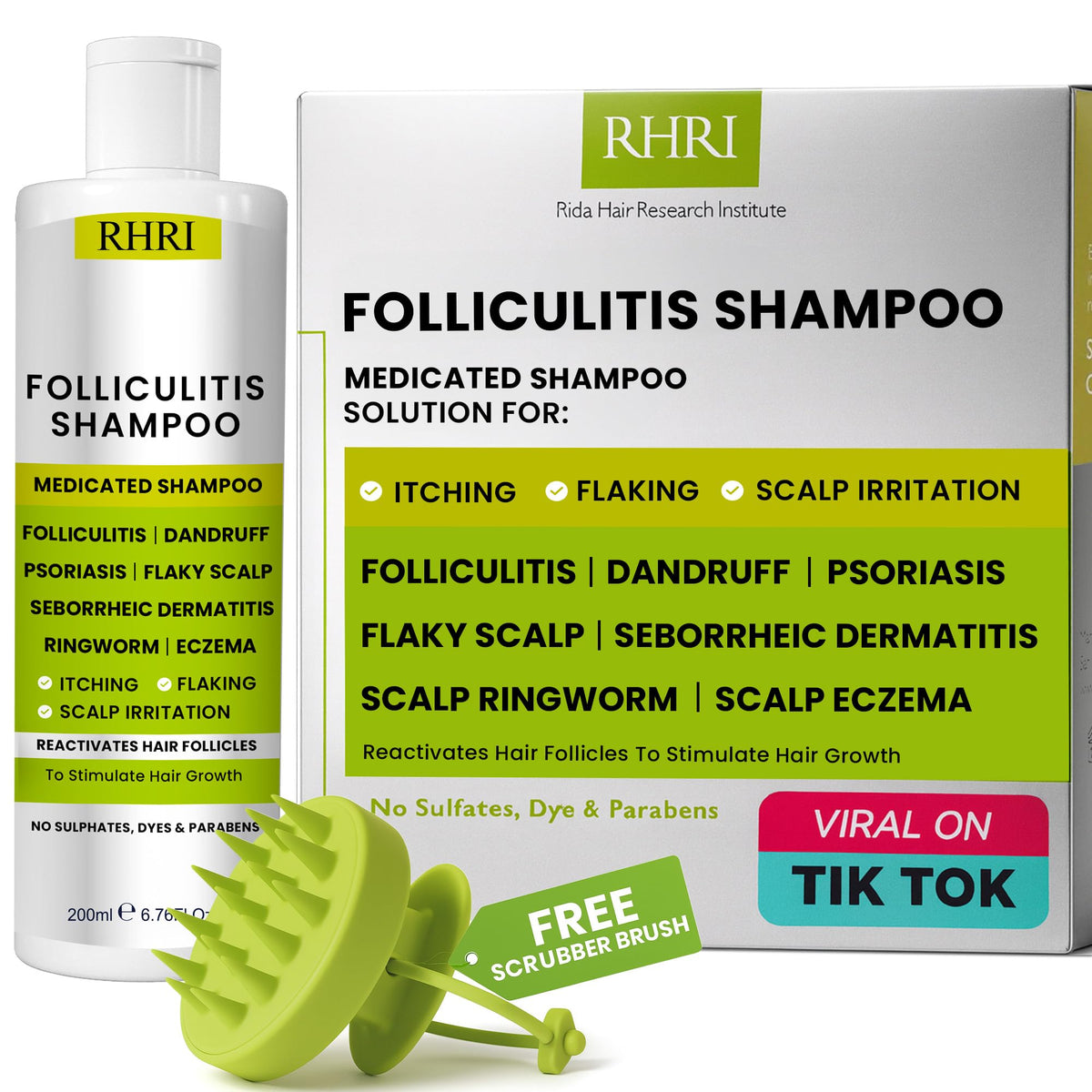 Rida Hair Foliculitis Shampoo en botella, limpieza profunda para el cuero cabelludo.
