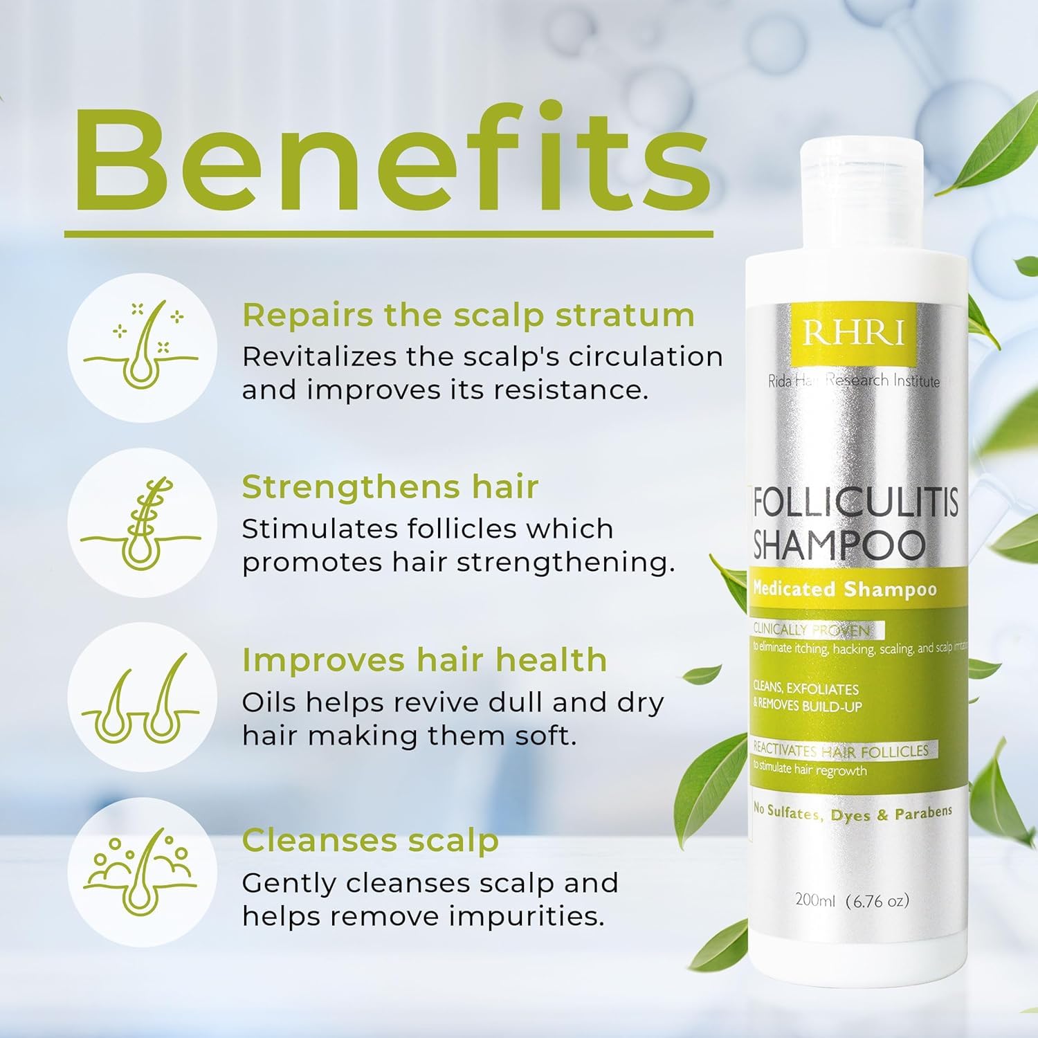 Etiqueta de Rida Hair Foliculitis Shampoo destacando la fórmula natural.