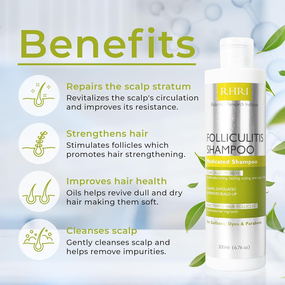 Etiqueta de Rida Hair Foliculitis Shampoo destacando la fórmula natural.