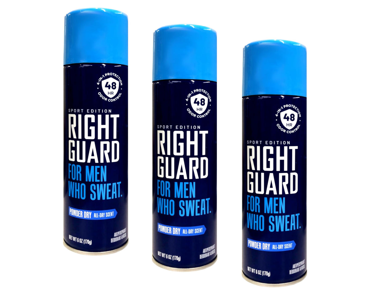 Right Guard Aérosol Sport Poudre Sec, bouteille prête à l'emploi pour une protection durable.