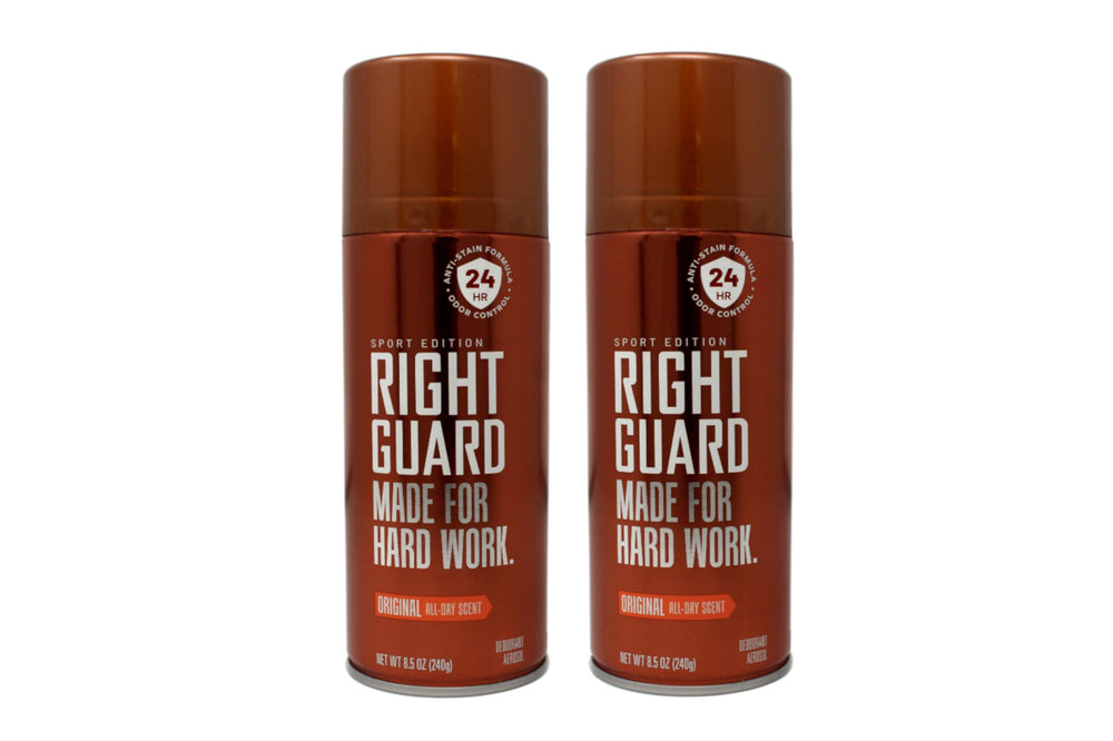 Right Guard Sport Desodorante Aerosol Original, lata en uso diario para protección continua.