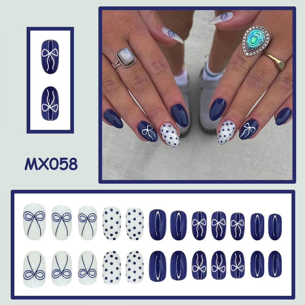 RIICFDD uñas acrílicas brillantes azul oscuro, acabado con lazo para un look elegante.