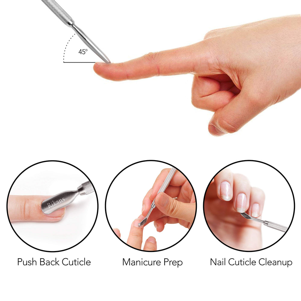 Rikans Cuticle Pusher de acero inoxidable, filo afilado para remover gel con seguridad.
