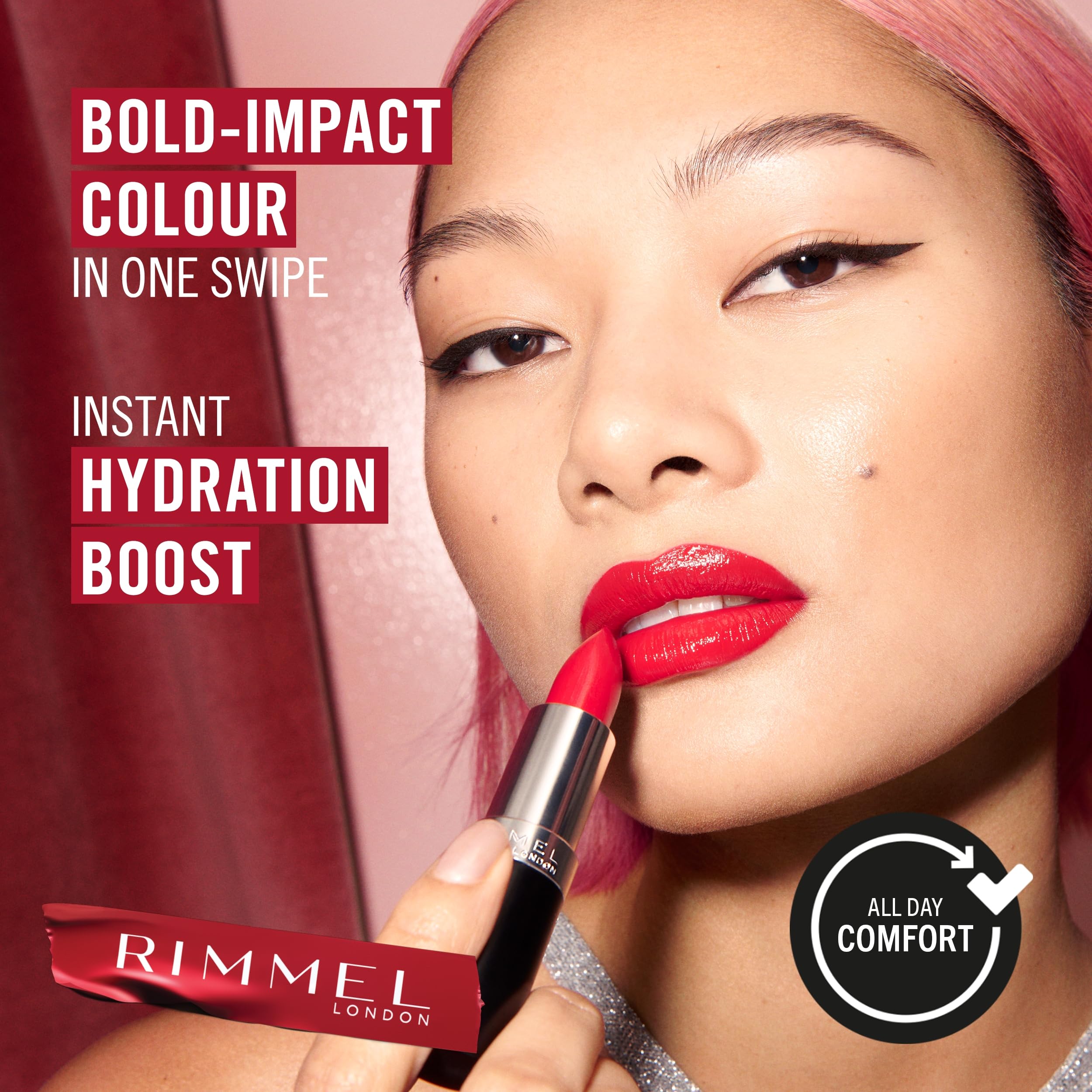 Rimmel Lasting Finish Lipstick Pearl Shimmer, pigmentos puros y polvo difuminador para un look refinado.