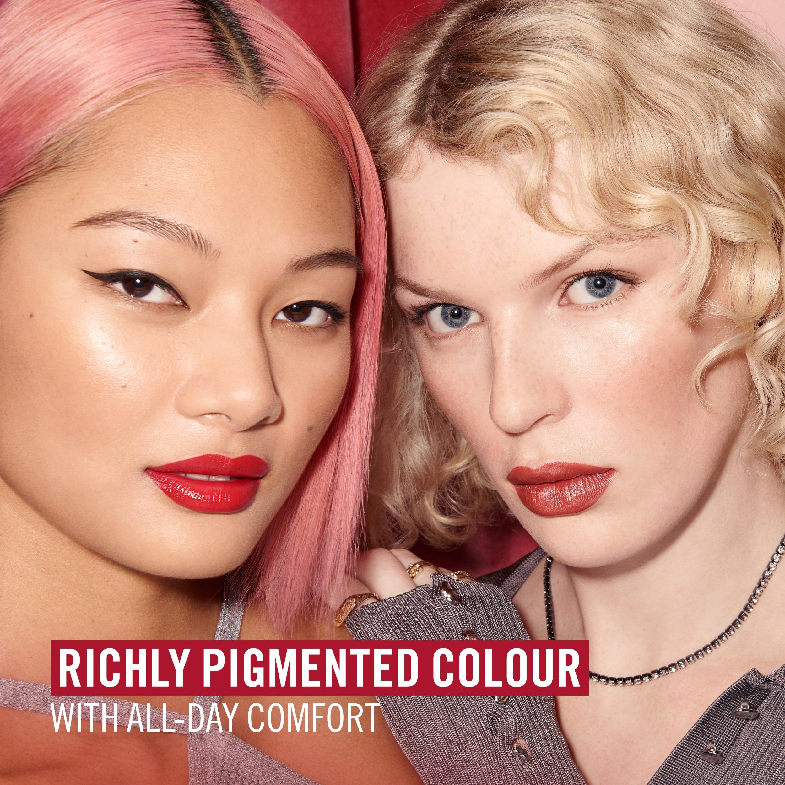Rimmel Lasting Finish Lipstick Pearl Shimmer, fórmula ligera que se desliza sin esfuerzo.