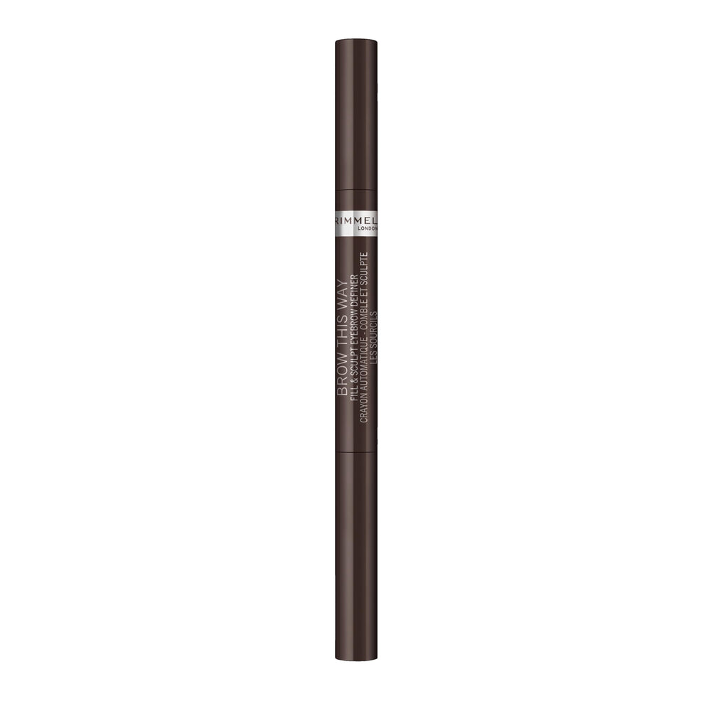 Rimmel delineador de cejas de doble extremo con triángulo para relleno preciso.