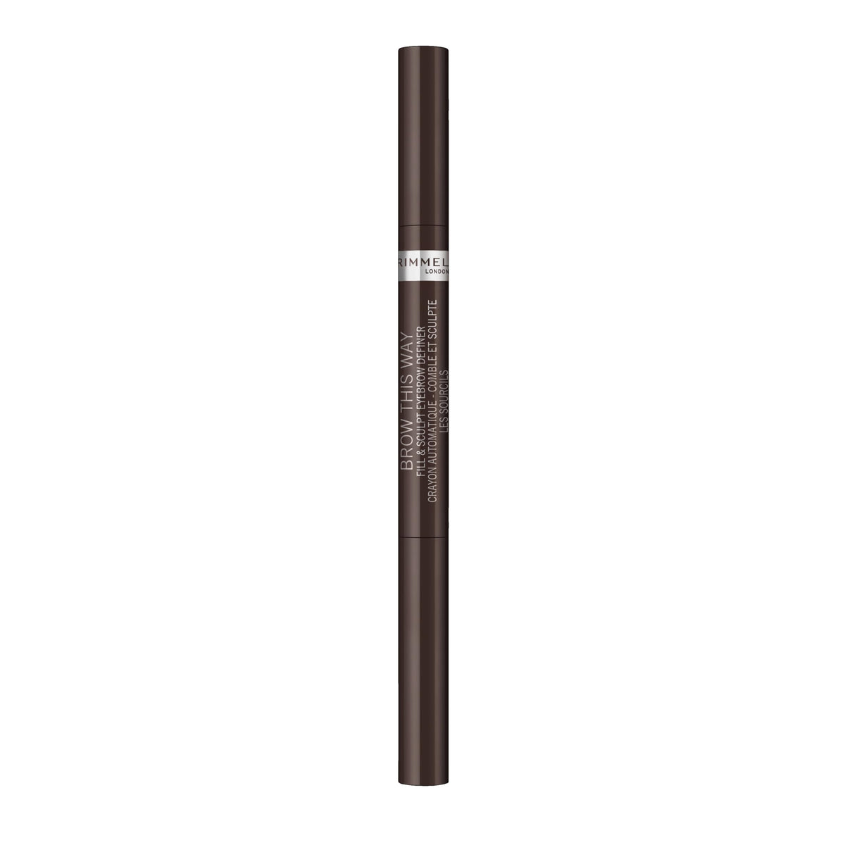 Rimmel delineador de cejas de doble extremo con triángulo para relleno preciso.