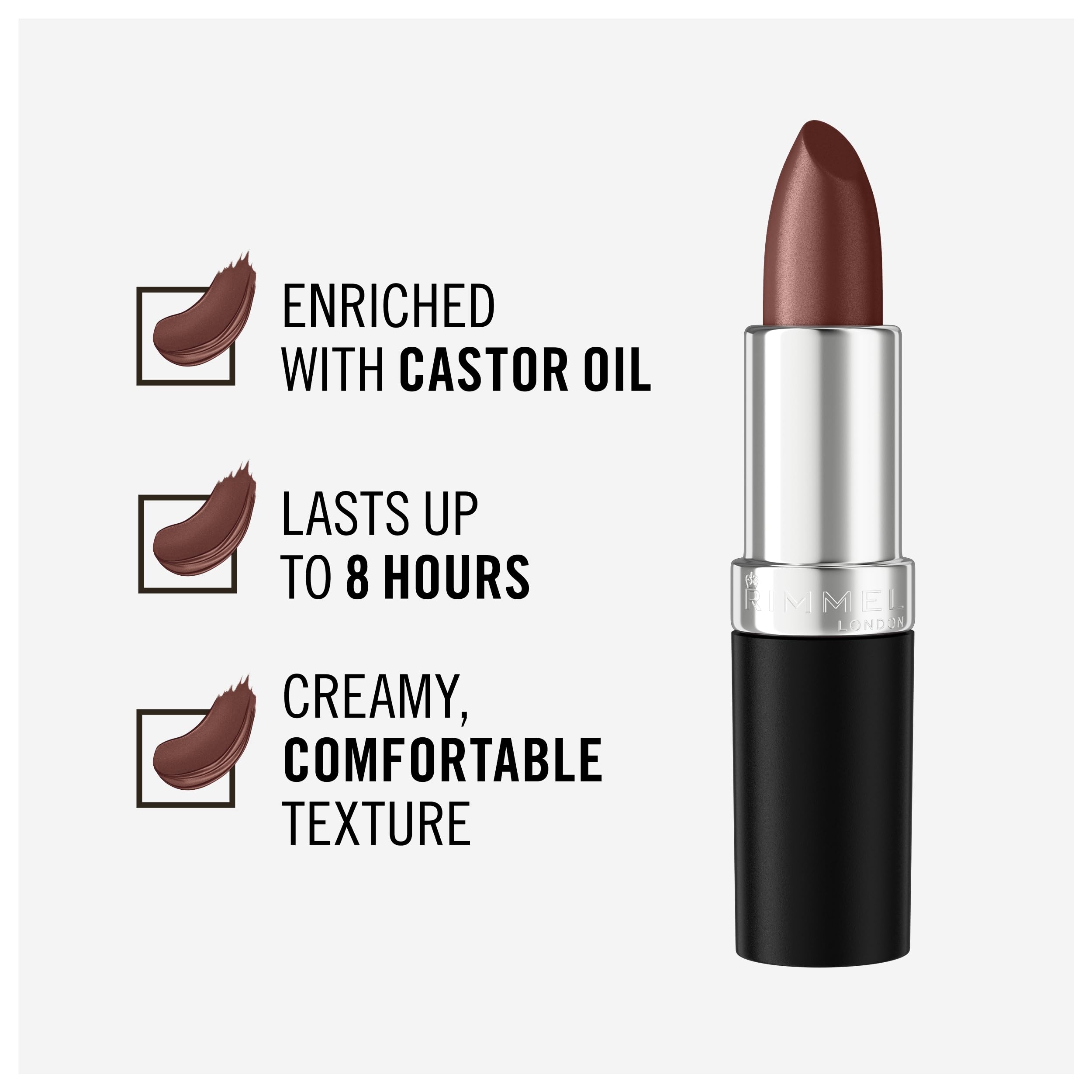 Rimmel labial bordo muestra color intenso en piel para un look definido