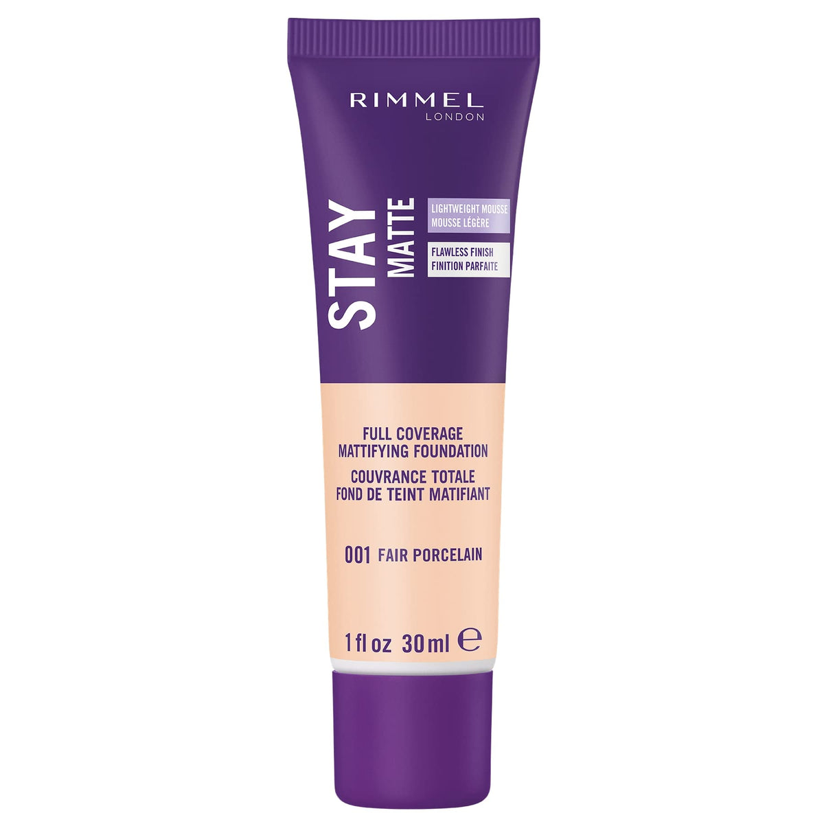 Rimmel London Stay Matte Mousse, bote, acabado mate duradero para piel grasa.
