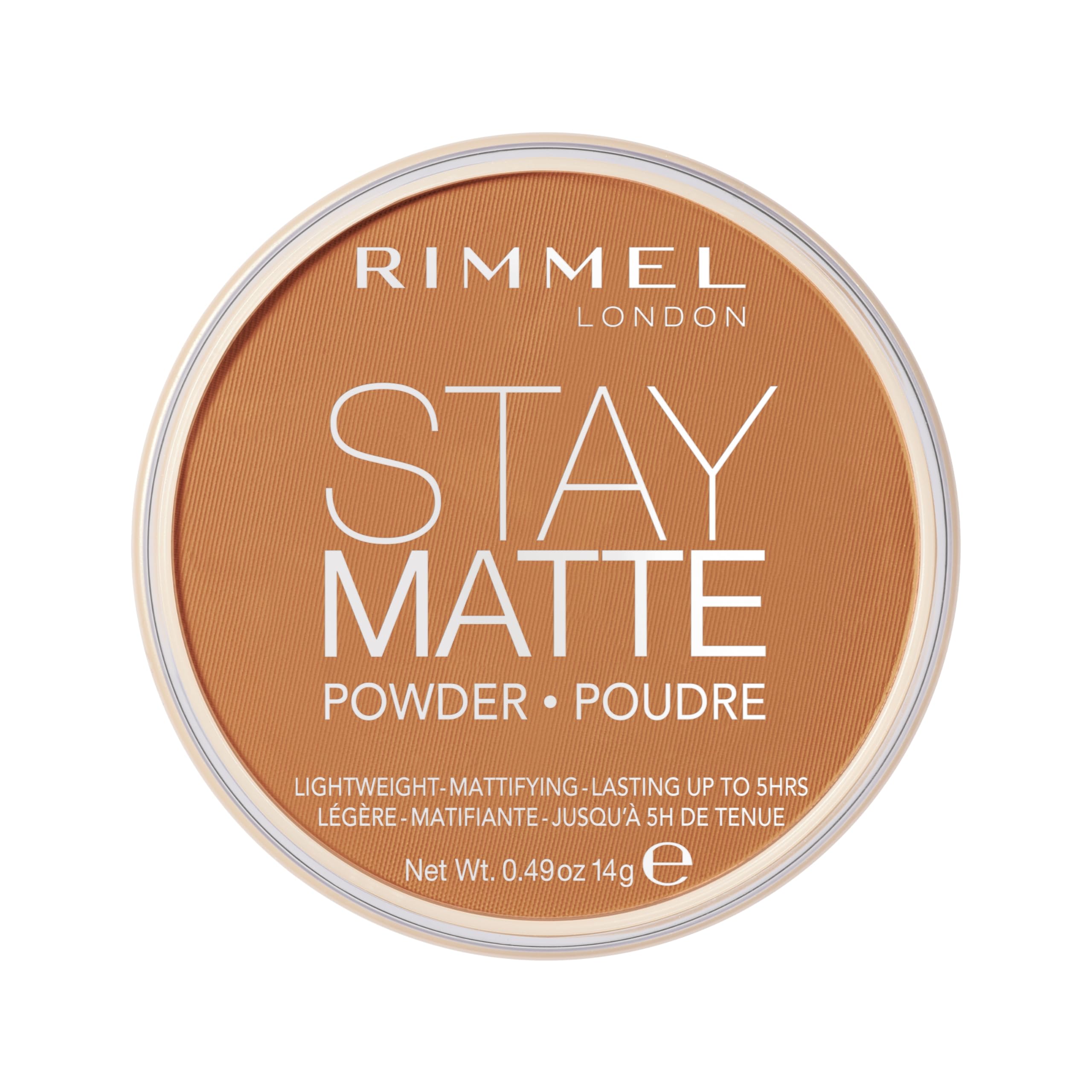 Rimmel London Stay Matte Toffee, polvo compacto para aplicación suave y acabado mate duradero.