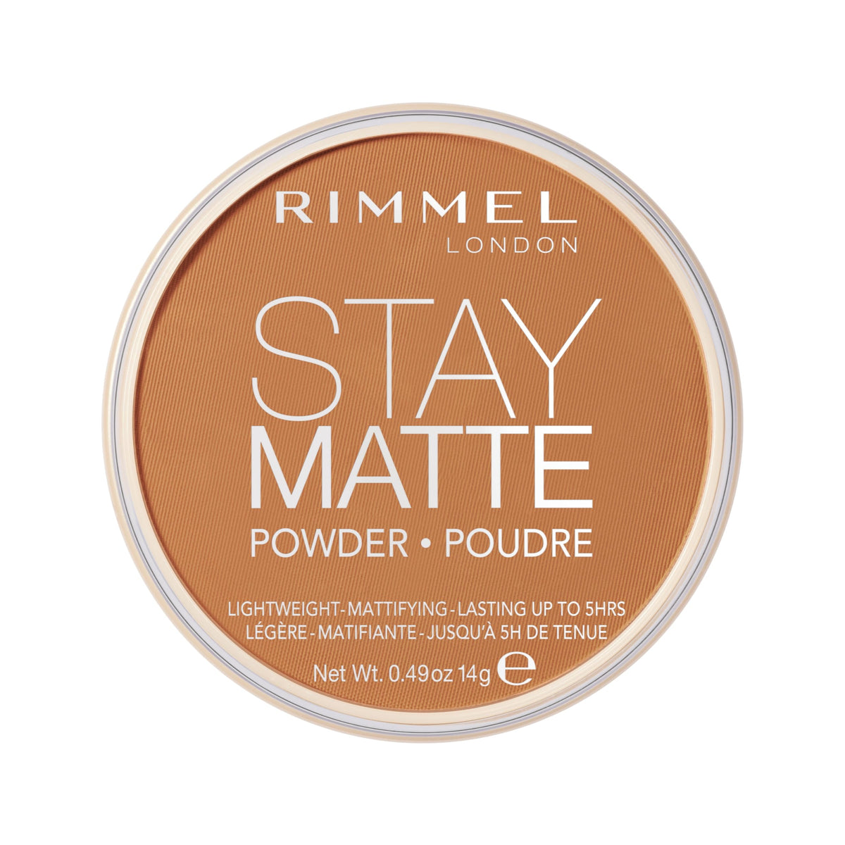 Rimmel London Stay Matte Toffee, polvo compacto para aplicación suave y acabado mate duradero.