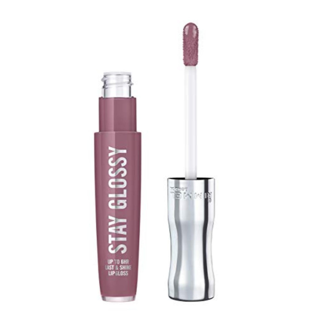Rimmel Stay Glossy muestra brillo labial intenso con 200 Tainted Love para un look duradero.