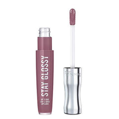Rimmel Stay Glossy muestra brillo labial intenso con 200 Tainted Love para un look duradero.