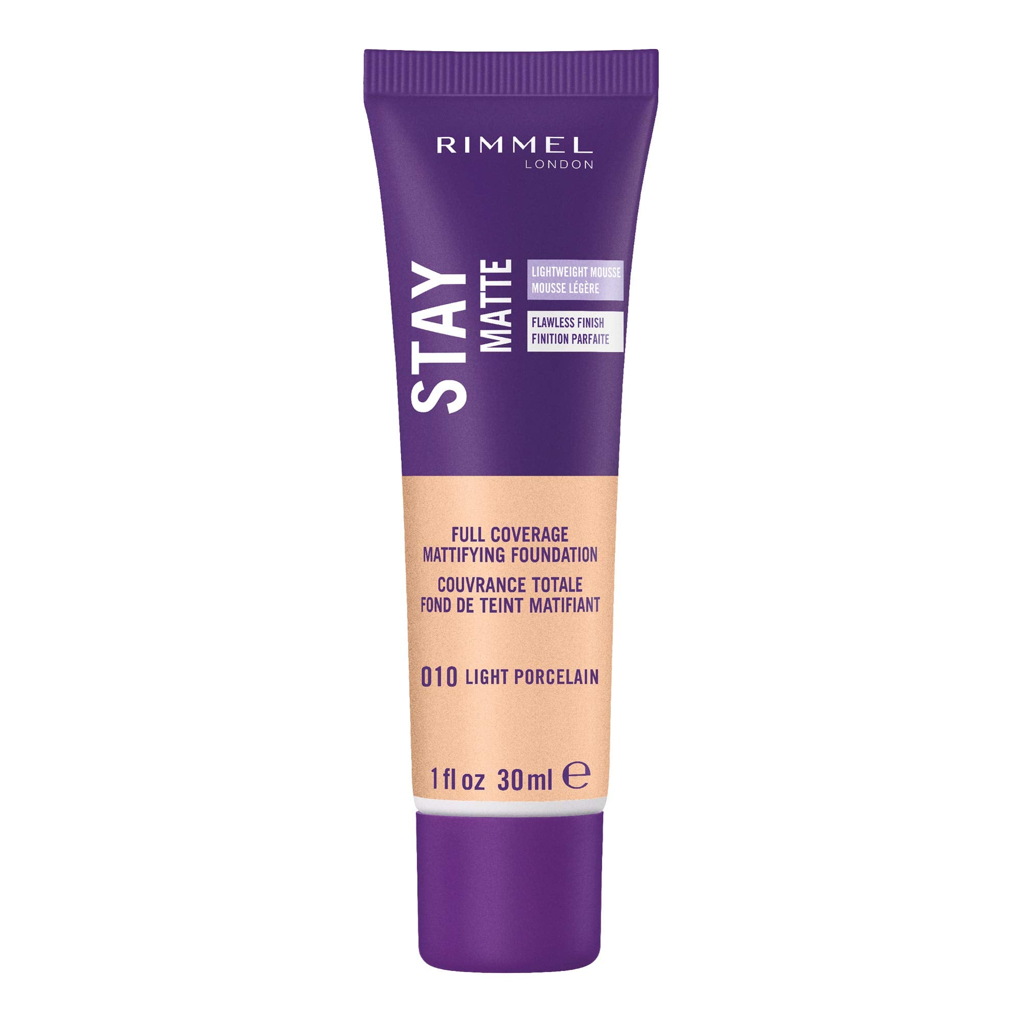 Rimmel Stay Matte base 010 Luz Porcelana, empaque para aplicación diaria